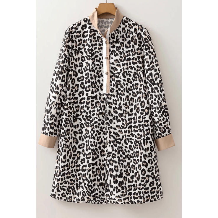 Mikki Button Striped Collar Leopard Print Long Sleeve Flared Dress