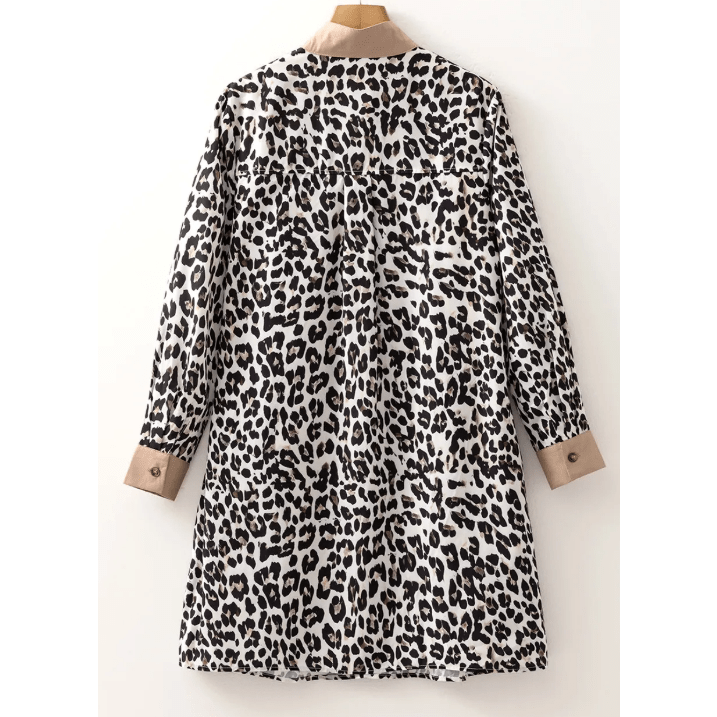Mikki Button Striped Collar Leopard Print Long Sleeve Flared Dress