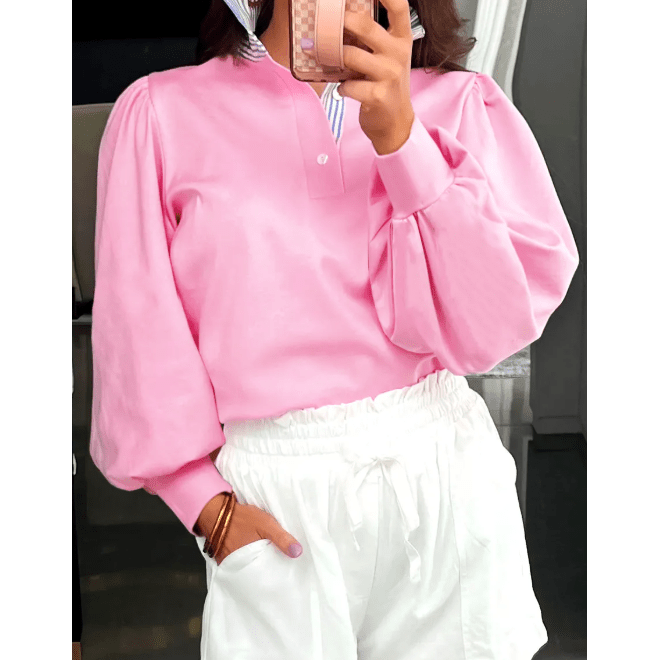 Olga Bonbon Button Striped Collar Patchwork Puff Sleeve Sweatshirt