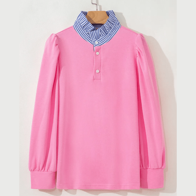 Olga Bonbon Button Striped Collar Patchwork Puff Sleeve Sweatshirt