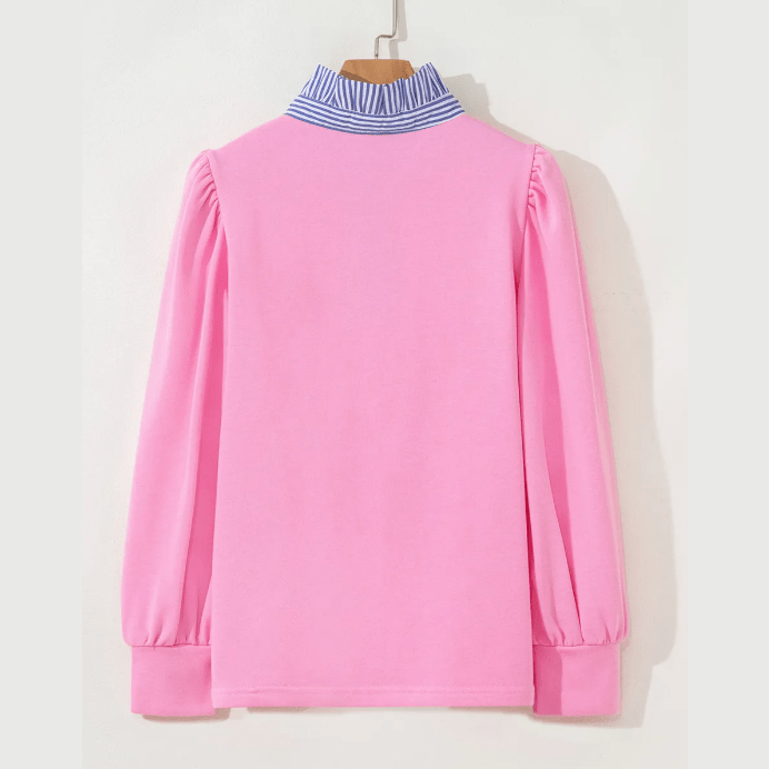 Olga Bonbon Button Striped Collar Patchwork Puff Sleeve Sweatshirt