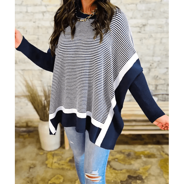 Zamira Blue Stripe Color Block Patchwork Dolman Oversize Tunic Sweater