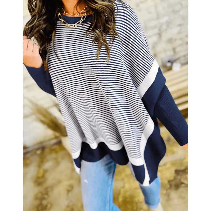 Zamira Blue Stripe Color Block Patchwork Dolman Oversize Tunic Sweater