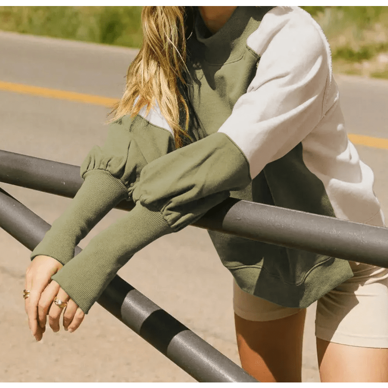 Jolie Army Green High Collar Colorblock Sweatshirt