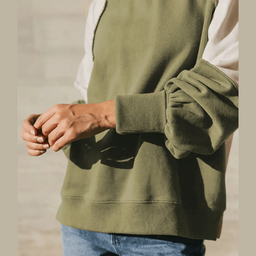 Jolie Army Green High Collar Colorblock Sweatshirt