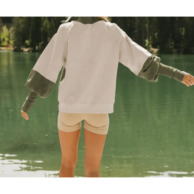 Jolie Army Green High Collar Colorblock Sweatshirt