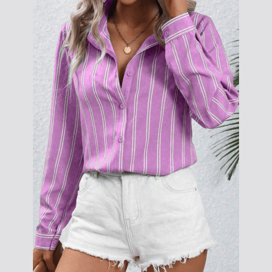 Lory Purple Button Front Long Sleeve Blouse
