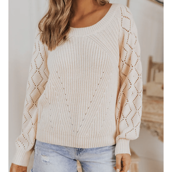 Neda Beige Hollow-out Puffy Sleeve Knit Sweater