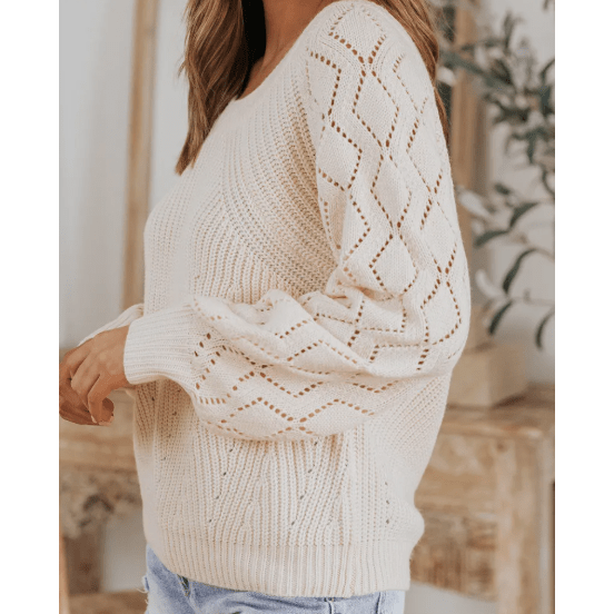 Neda Beige Hollow-out Puffy Sleeve Knit Sweater