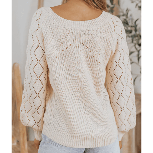 Neda Beige Hollow-out Puffy Sleeve Knit Sweater