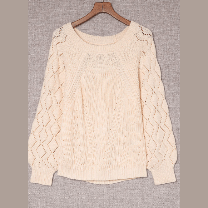 Neda Beige Hollow-out Puffy Sleeve Knit Sweater