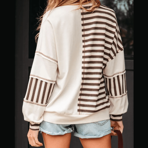 Cheyenne Khaki Stripe Stitched Detail Color Block Patchwork Oversized Pullover Top