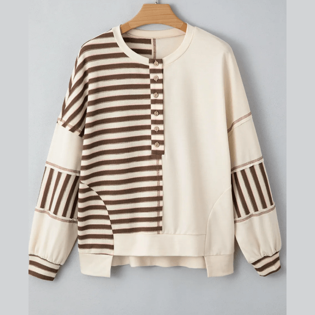 Cheyenne Khaki Stripe Stitched Detail Color Block Patchwork Oversized Pullover Top