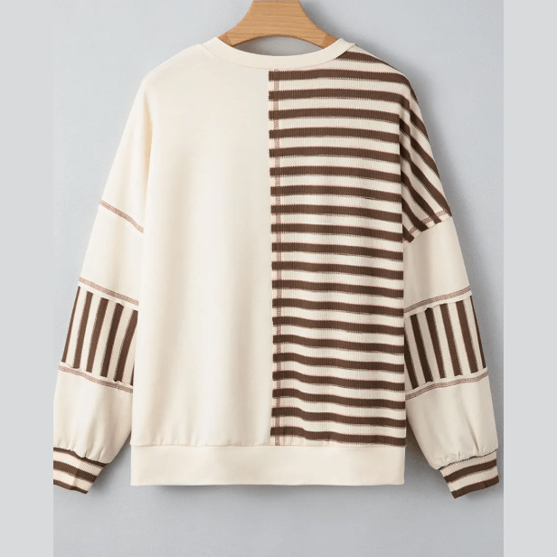 Cheyenne Khaki Stripe Stitched Detail Color Block Patchwork Oversized Pullover Top