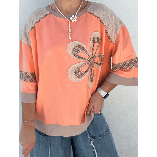 Karalee Grapefruit Orange Plaid Waffle Flower Patchwork Bracelet Sleeve Top