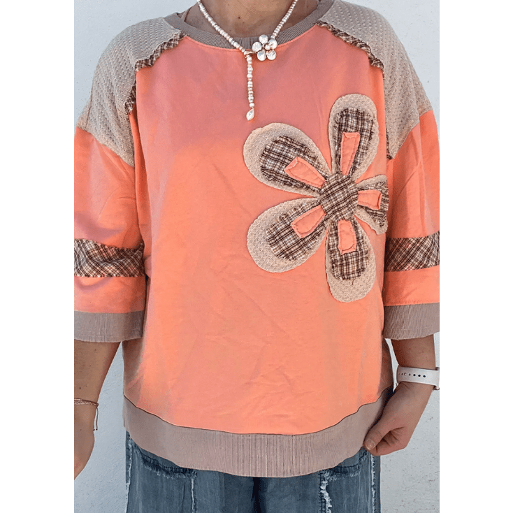 Karalee Grapefruit Orange Plaid Waffle Flower Patchwork Bracelet Sleeve Top