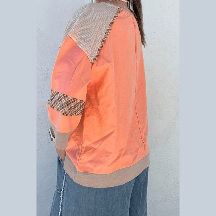 Karalee Grapefruit Orange Plaid Waffle Flower Patchwork Bracelet Sleeve Top