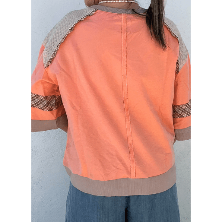 Karalee Grapefruit Orange Plaid Waffle Flower Patchwork Bracelet Sleeve Top