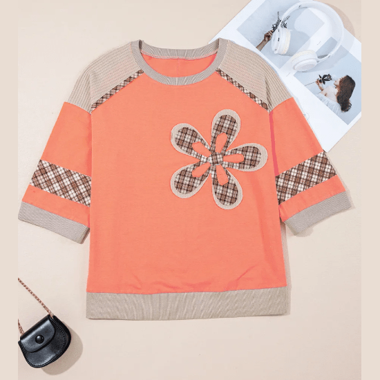 Karalee Grapefruit Orange Plaid Waffle Flower Patchwork Bracelet Sleeve Top