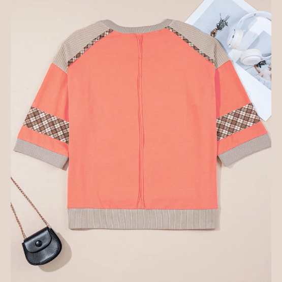 Karalee Grapefruit Orange Plaid Waffle Flower Patchwork Bracelet Sleeve Top