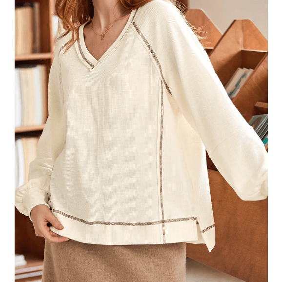 Lilah Beige Exposed Seam Textured Knit V Neck Pullover Top