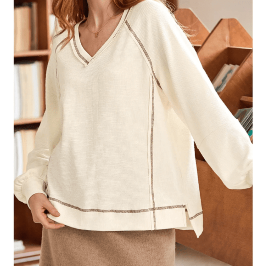 Lilah Beige Exposed Seam Textured Knit V Neck Pullover Top