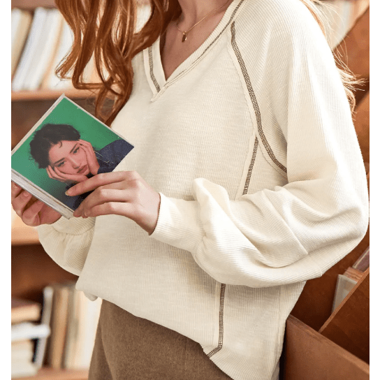 Lilah Beige Exposed Seam Textured Knit V Neck Pullover Top