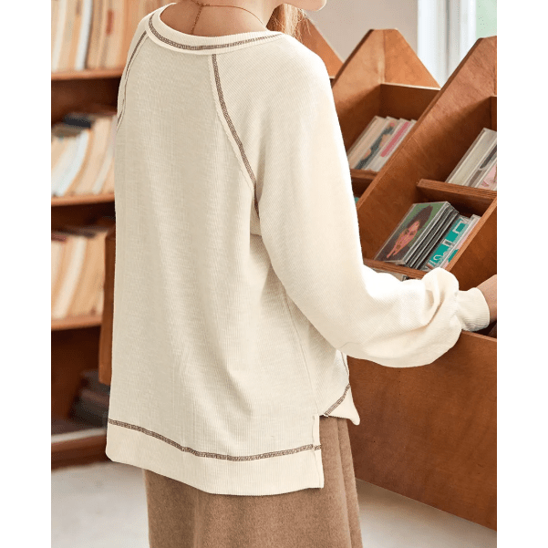 Lilah Beige Exposed Seam Textured Knit V Neck Pullover Top
