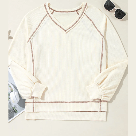 Lilah Beige Exposed Seam Textured Knit V Neck Pullover Top