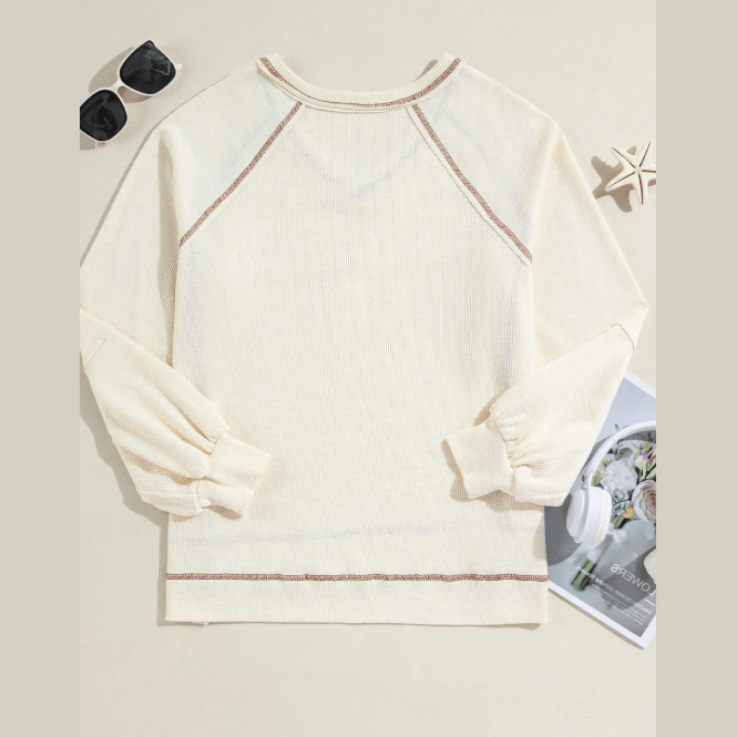 Lilah Beige Exposed Seam Textured Knit V Neck Pullover Top