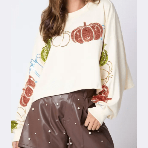Pumpkin Sequin Long Sleeve Sweatshirt