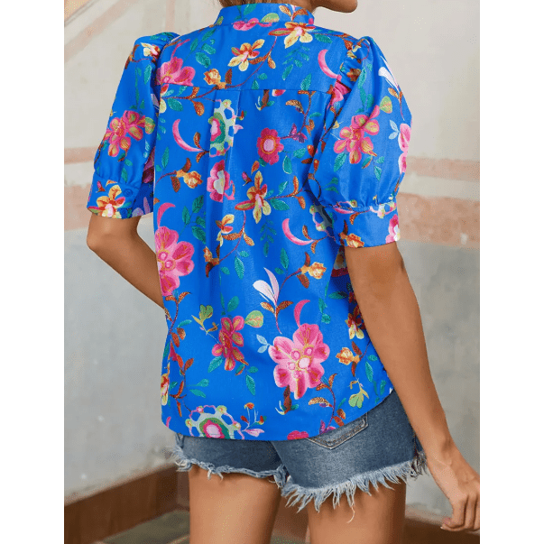 RTS Blue Floral Short Puff Sleeve Button Up Shirt)
