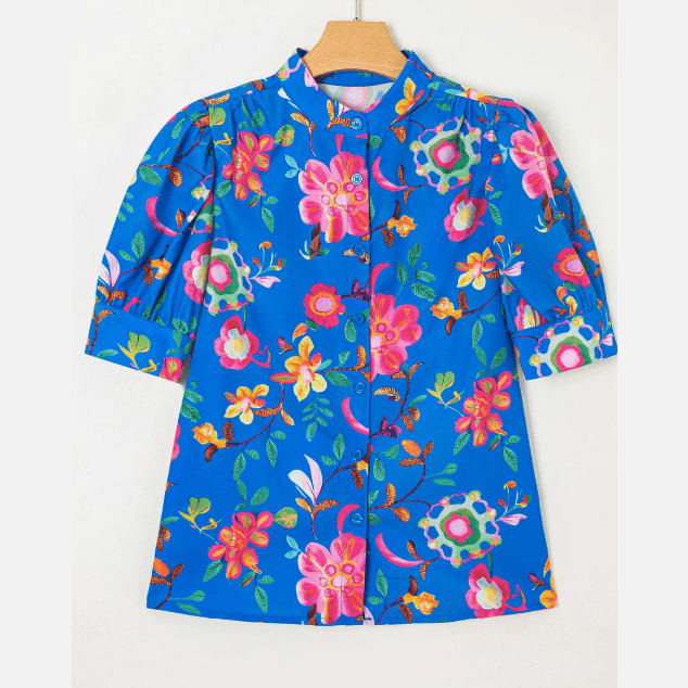 RTS Blue Floral Short Puff Sleeve Button Up Shirt)