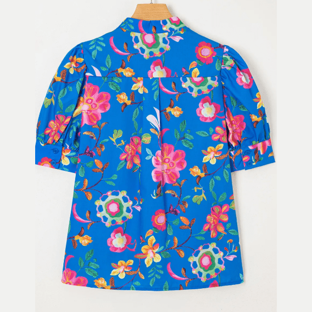 RTS Blue Floral Short Puff Sleeve Button Up Shirt)