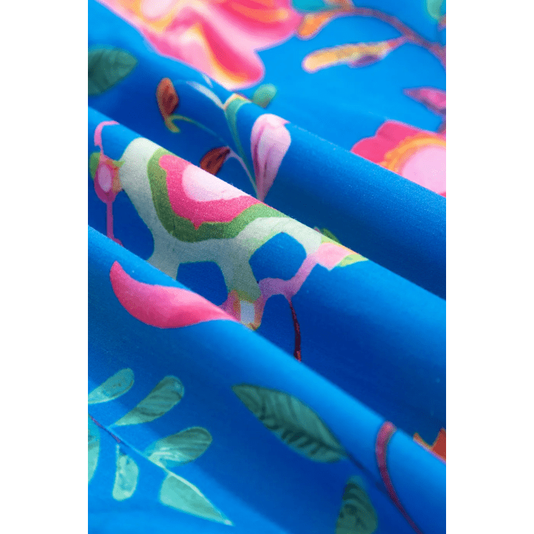 RTS Blue Floral Short Puff Sleeve Button Up Shirt)