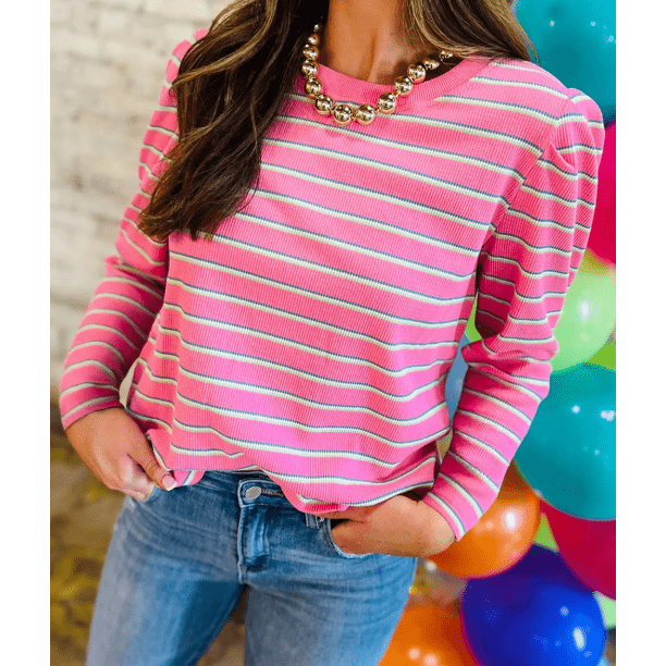 RTS Stripe Textured Knit Round Neck Long Sleeve Top