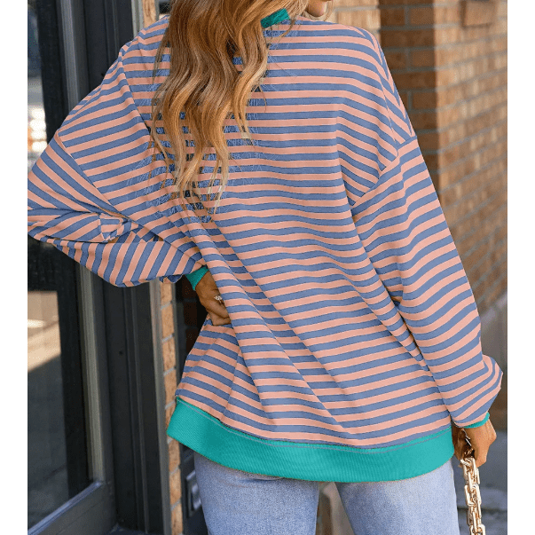 Adilynn Aqua Stripe Contrast Ribbed Trim Crossed Stitch Drop Shoulder Sweatshirt