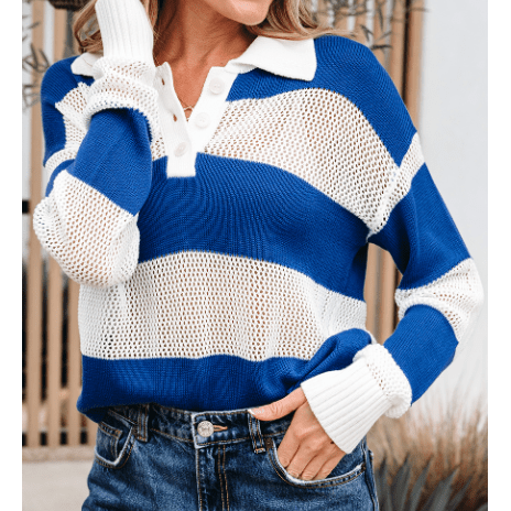 Lexia Blue Stripe Colorblock Polo Collar Eyelet Crochet Knitted Sweater