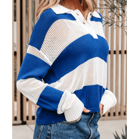 Lexia Blue Stripe Colorblock Polo Collar Eyelet Crochet Knitted Sweater