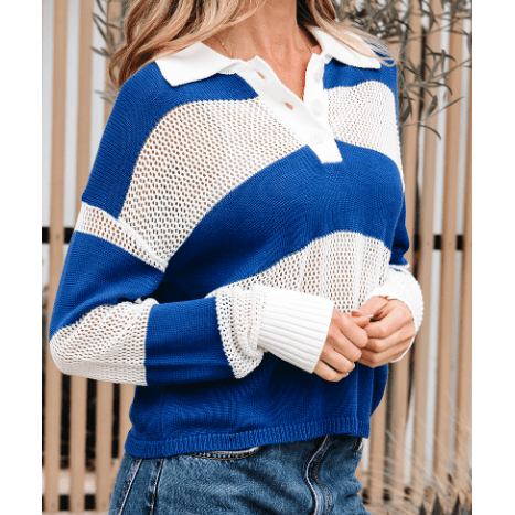 Lexia Blue Stripe Colorblock Polo Collar Eyelet Crochet Knitted Sweater
