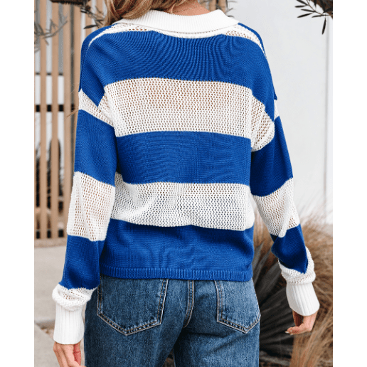 Lexia Blue Stripe Colorblock Polo Collar Eyelet Crochet Knitted Sweater