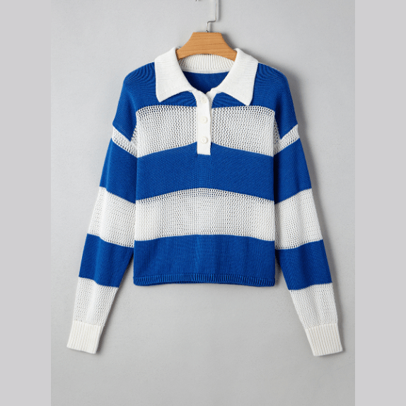 Lexia Blue Stripe Colorblock Polo Collar Eyelet Crochet Knitted Sweater