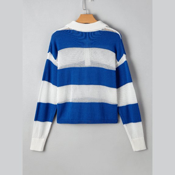Lexia Blue Stripe Colorblock Polo Collar Eyelet Crochet Knitted Sweater