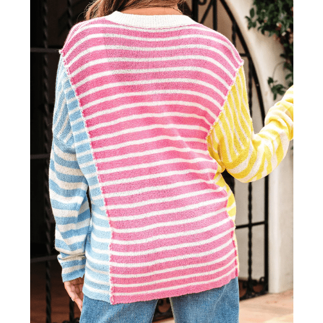 Betsy Multicolor Color Block Striped Patchwork Dolman Sleeve Slit Sweater