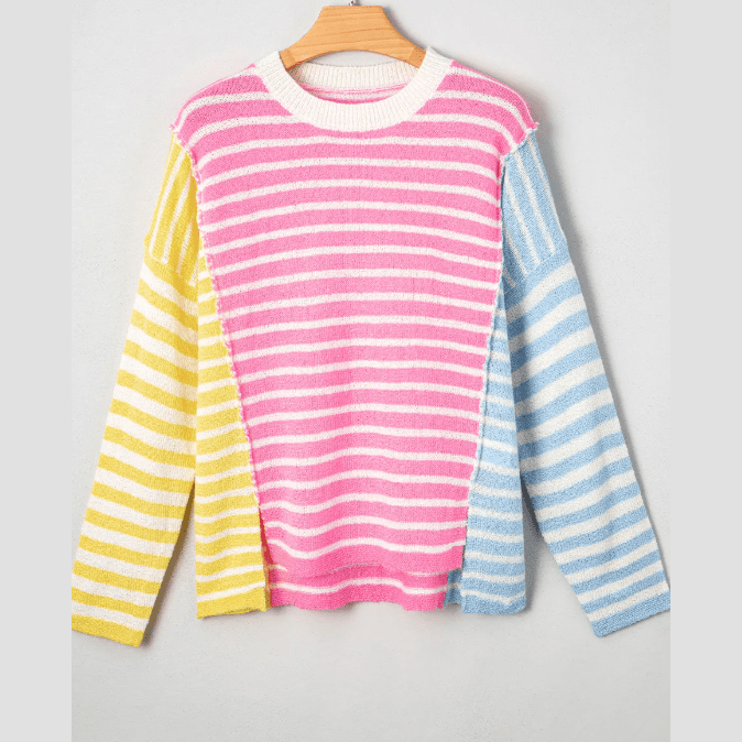 Betsy Multicolor Color Block Striped Patchwork Dolman Sleeve Slit Sweater