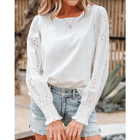 Meryl White Eyelet Embroidered Smocked Cuff Sheer Blouse