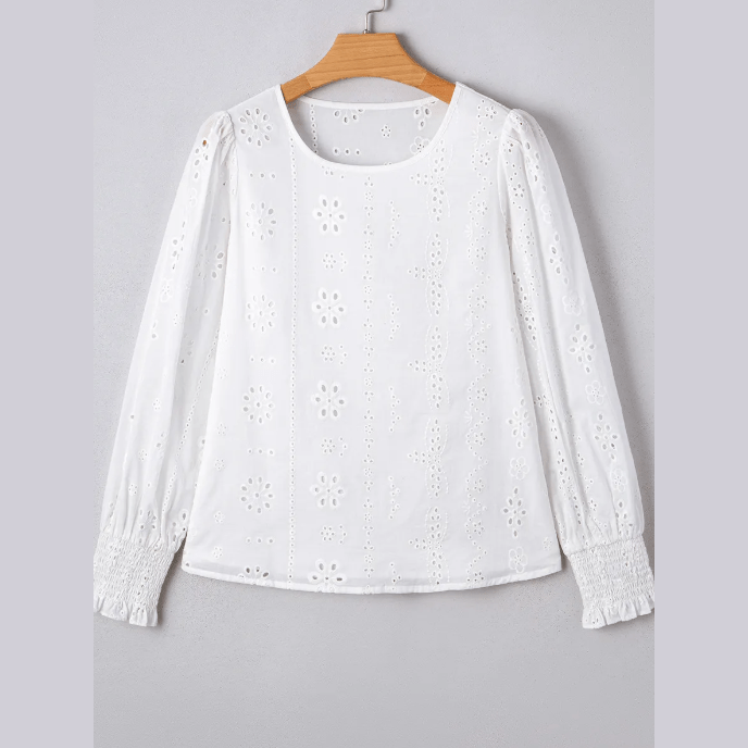Meryl White Eyelet Embroidered Smocked Cuff Sheer Blouse