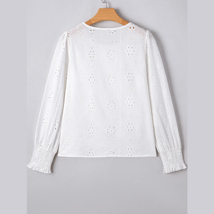 Meryl White Eyelet Embroidered Smocked Cuff Sheer Blouse