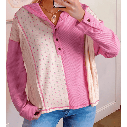 Lani Pink Mixed Texture Waffle Floral Patchwork Hooded Oversize Pullover