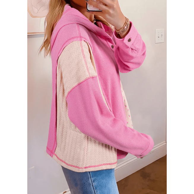 Lani Pink Mixed Texture Waffle Floral Patchwork Hooded Oversize Pullover